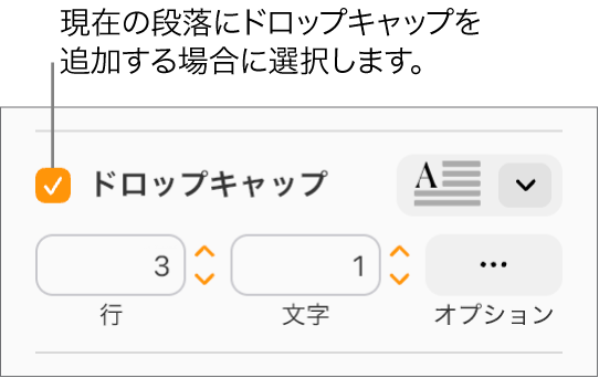 「ドロップキャップ」チェックボックスがオンになると、その右側にポップアップメニューが表示されます。その下に、行の高さや文字数などのオプションを設定するためのコントロールが表示されます。
