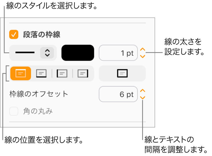 「フォーマット」サイドバーの「レイアウト」タブで「段落の枠線」チェックボックスが選択され、チェックボックスの下には線のスタイル、カラー、太さ、テキストからのオフセットを変更するためのコントロールが表示されています。
