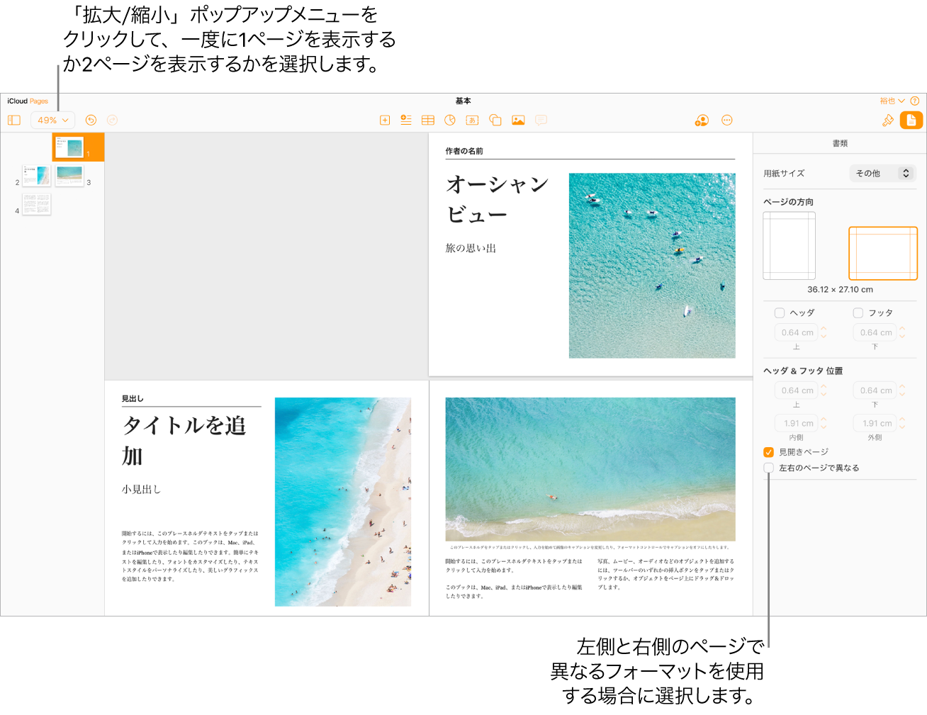 ページのサムネイルと書類のページが見開きで表示されているPages for iCloudウィンドウ。右側の「書類」サイドバーで、「左右のページが異なる」チェックボックスがオフになっています。