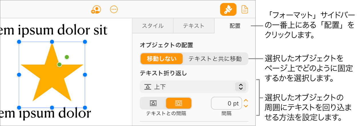 書類本文で画像が選択されている。「フォーマット」サイドバーの「配置」タブでは、オブジェクトが「移動しない」に設定され、テキストがオブジェクトの上下に来るように表示されている。