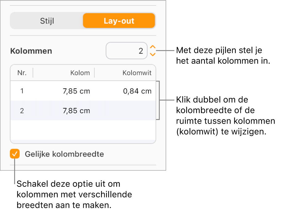 De tekstkolomregelaars in het gedeelte 'Lay-out' van de navigatiekolom 'Opmaak'.