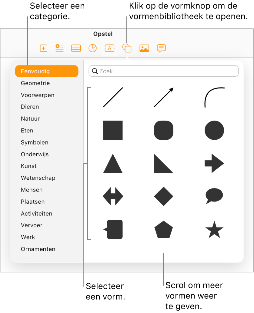 De vormenbibliotheek is open onder de Vorm-knop in de knoppenbalk. De categorie 'Eenvoudig' staat links geselecteerd en bepaalde veelvoorkomende vormen (waaronder cirkels, vierkanten en lijnen) worden rechts weergegeven.