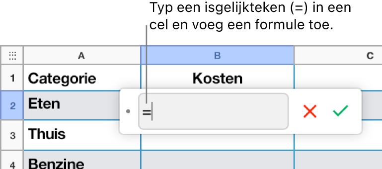 De formule-editor met = en zonder ingevoerde formule.