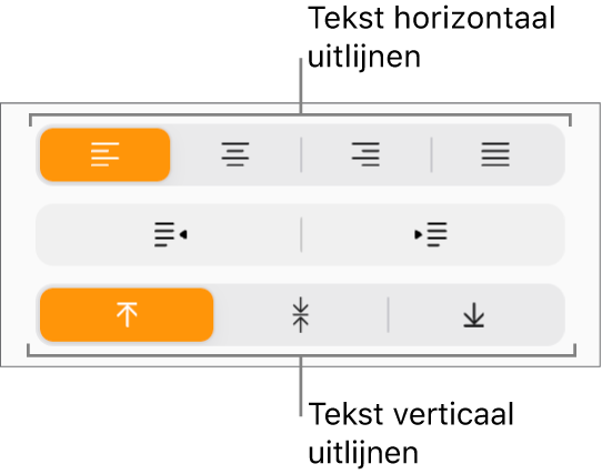 De knoppen voor het horizontaal of verticaal uitlijnen van tekst in de navigatiekolom 'Opmaak'.