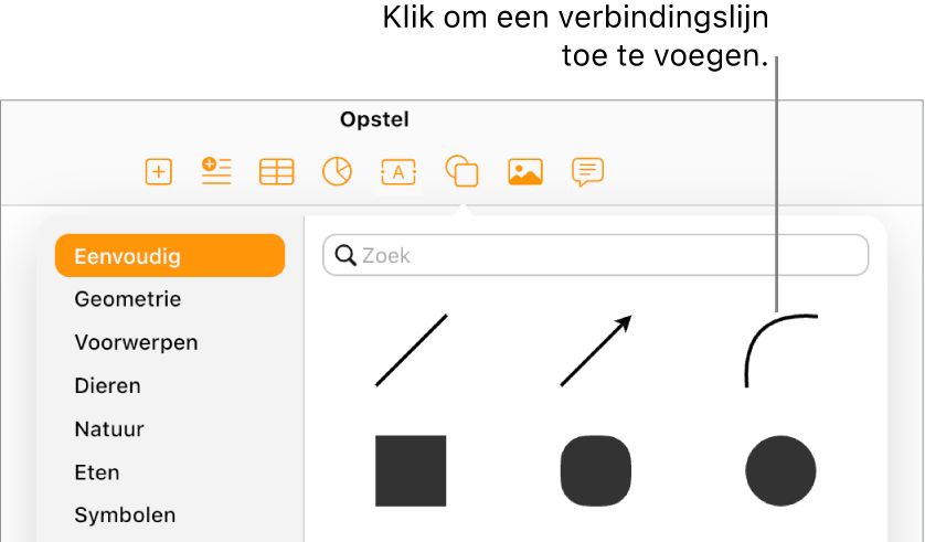 De vormenbibliotheek staat open, met 'Eenvoudig' aan de linkerkant geselecteerd en een aantal lijnen en vormen, waaronder een gebogen lijn, aan de rechterkant.