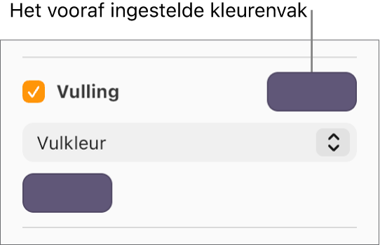 Het aankruisvak 'Vulling' is ingeschakeld en het vooraf ingestelde kleurenvak rechts van het aankruisvak is gevuld met paars. Onder het aankruisvak is 'Vulkleur' geselecteerd in het pop‑upmenu.