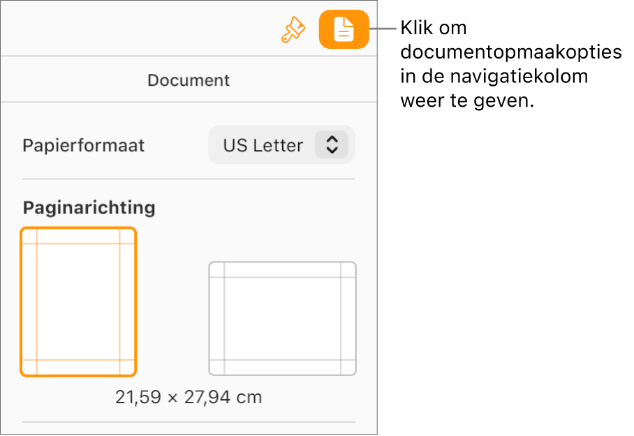 De documentknop is geselecteerd in de knoppenbalk en de regelaars om de maat en afdrukrichting van het papier te wijzigen verschijnen in het tabblad 'Documenten' van de navigatiekolom.