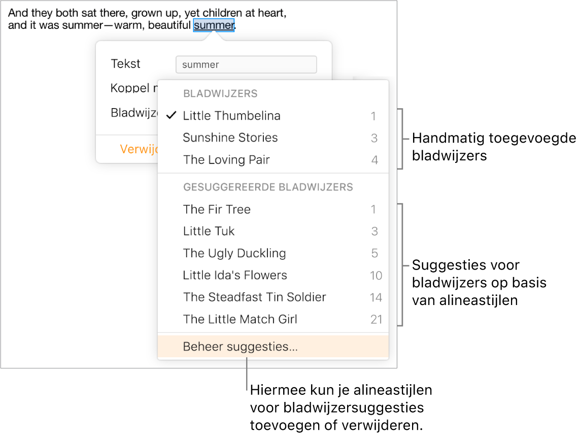 De lijst met bladwijzers met bovenaan de handmatig toegevoegde bladwijzers en daaronder de bladwijzersuggesties. 'Beheer suggesties' is onderaan het pop‑upmenu geselecteerd.