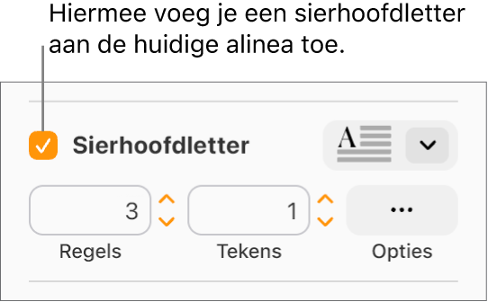 Het aankruisvak 'Sierhoofdletter' is ingeschakeld en rechts ervan staat een pop‑upmenu. Eronder staan regelaars voor het instellen van de regelhoogte, het aantal tekens en andere opties.