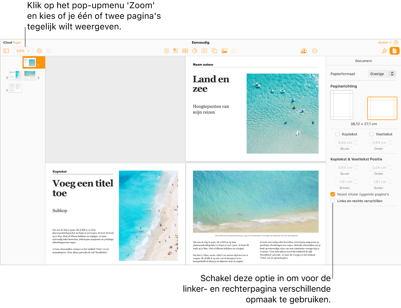Het Pages voor iCloud-venster met paginaminiaturen en documentpagina's weergegeven als dubbele pagina's. In de navigatiekolom 'Document' aan de rechterkant is het aankruisvak 'Links en rechts verschillen' uitgeschakeld.