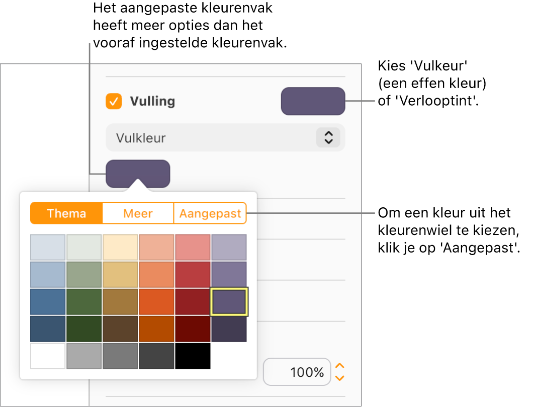 In het pop‑upmenu onder het aankruisvak 'Vulling' is 'Vulkleur' geselecteerd, waardoor het kleurenvak onder het pop‑upmenu meer vulkleuropties weergeeft.