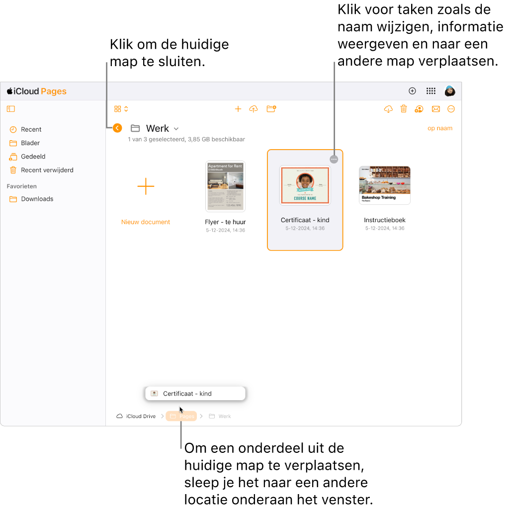 De documentmanager in de bladerweergave waarin een document naar een nieuwe locatie (de Pages-map) onderaan het venster wordt gesleept. Onder de knoppenbalk staat een terugknop links van de naam van de huidige map ('Work').