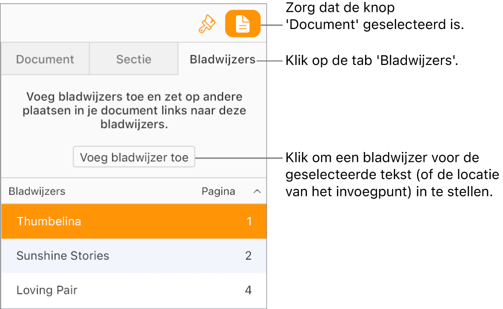 De tab 'Bladwijzers' is geselecteerd in de navigatiekolom 'Document'. De knop 'Voeg bladwijzer toe' verschijnt boven de lijst bladwijzers die al zijn toegevoegd aan het document.