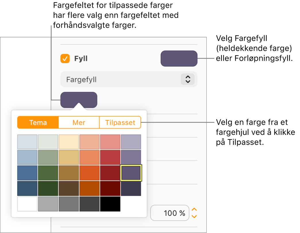 Fargefyll er valgt i lokalmenyen under Fyll-avkrysningsruten, og fargefeltet under lokalmenyen viser flere valg for fargefyll.
