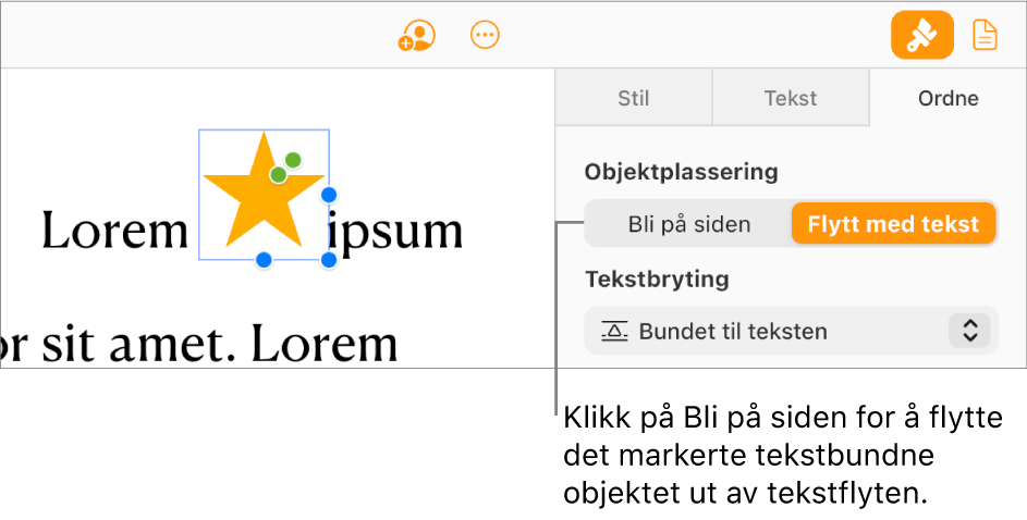 Et tekstbundet bilde i brødteksten er markert, og Bli på siden-knappen vises på Ordne-fanen i sidepanelet.
