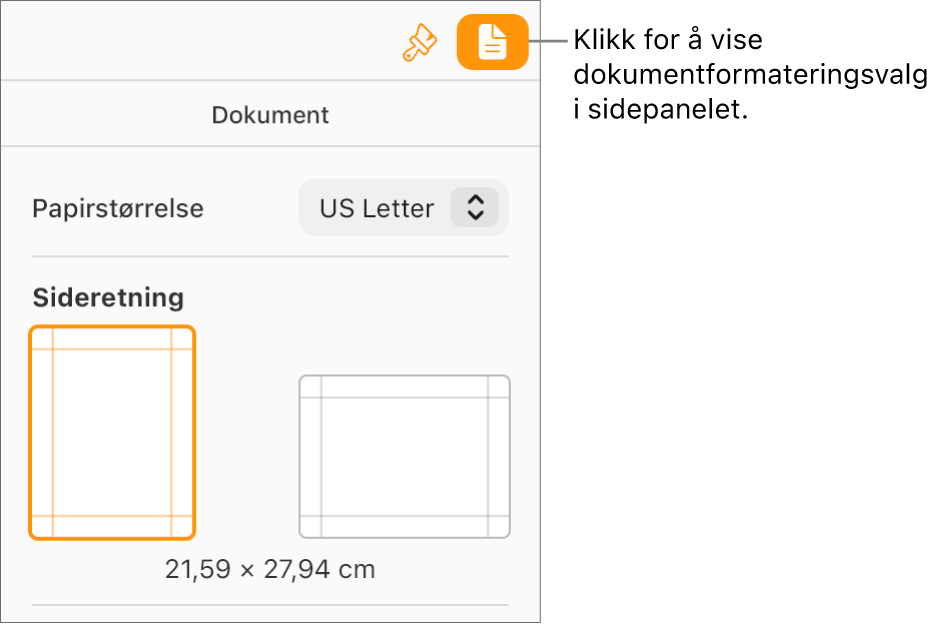 Dokument-knappen er valgt på verktøylinjen, og kontroller for å endre papirstørrelse og sideretning vises på Dokument-fanen i sidepanelet.