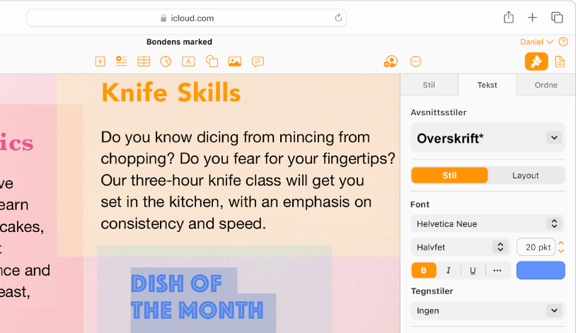 Et dokument med valgt tekst. Alternativer for å endre font, farge, størrelse og annet for den markerte teksten vises i Format-sidepanelet til høyre.