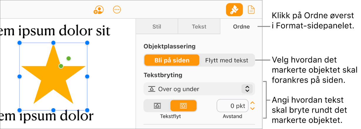 Et bilde er markert i brødteksten. Ordne-fanen i Format-sidepanelet viser at objektet er angitt som Bli på siden, og teksten brytes over og under objektet.