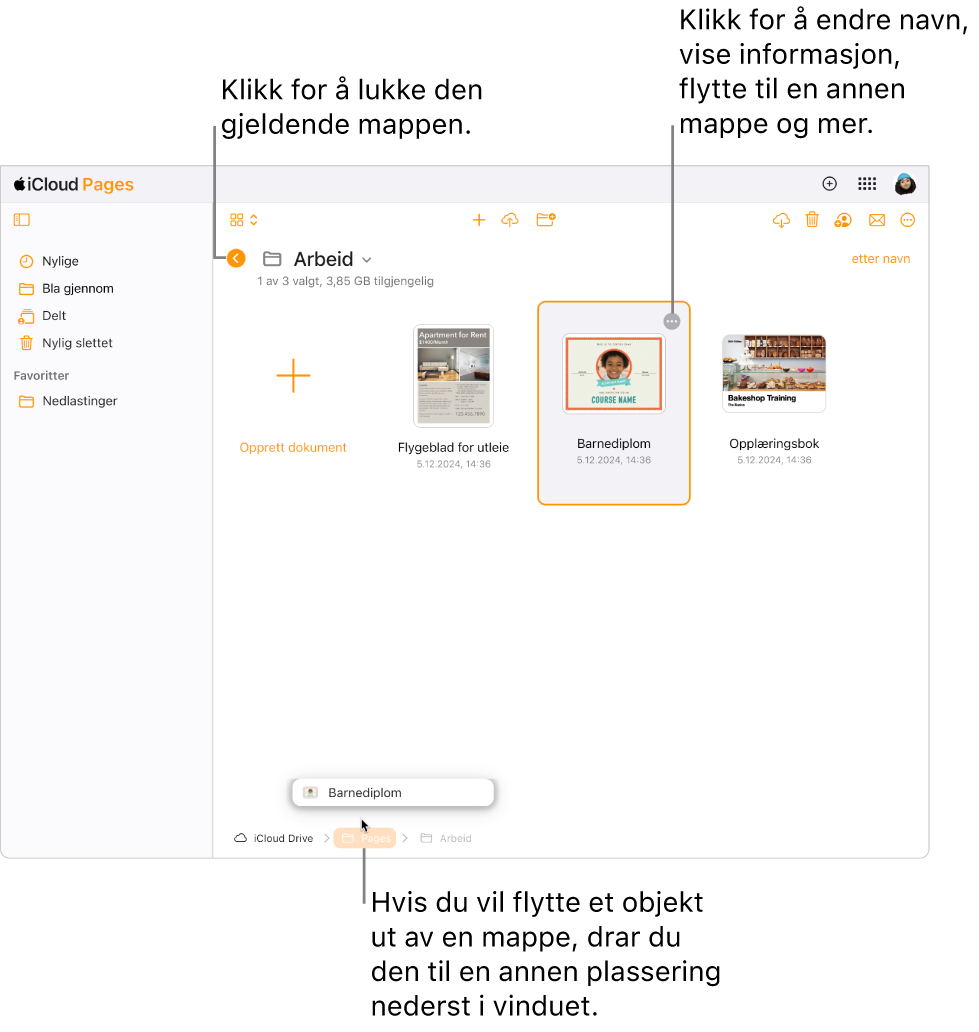 Dokumentorganisereren i navigeringsvisning, som viser et dokument som flyttes til en ny plassering (Pages-mappen) nederst i vinduet. Under verktøylinjen vises Tilbake-knappen til venstre for navnet på gjeldende mappe (Work).