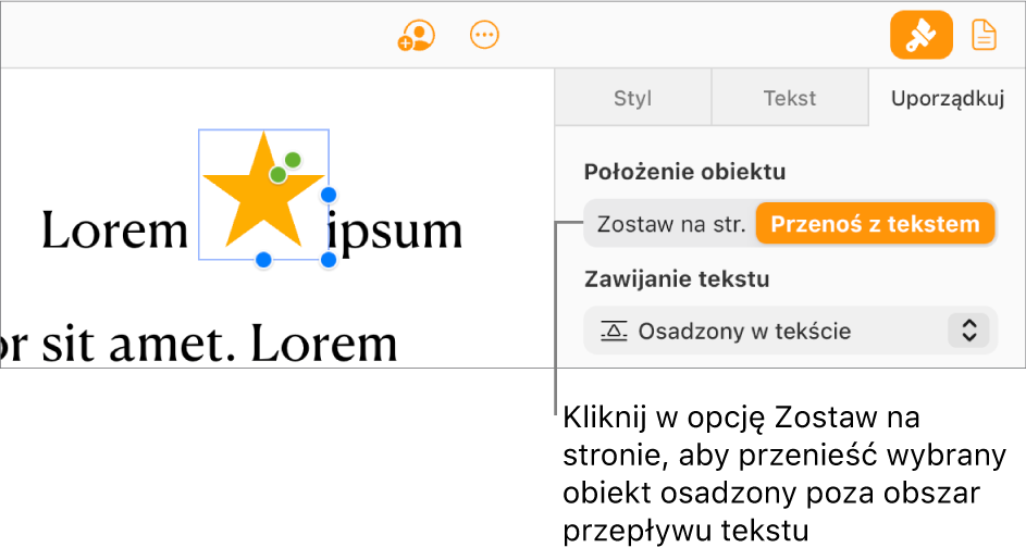 Zaznaczony jest obrazek osadzony w dokumencie, a przycisk Zostaw na str. jest widoczny na karcie Uporządkuj na pasku bocznym.