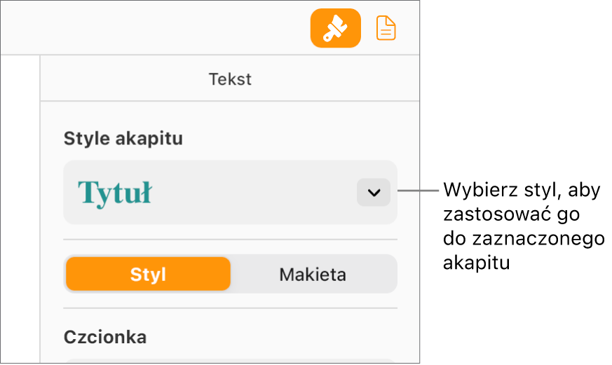 Menu podręczne Style akapitu na pasku bocznym Format. Wybrany styl akapitu (wyświetlany czerwoną, pogrubioną czcionką) to Nagłówek.