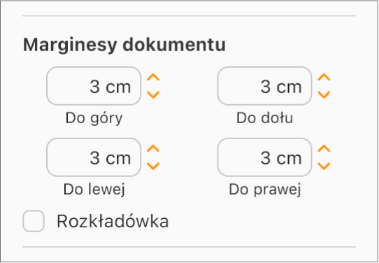 Sekcja Marginesy dokumentu na pasku bocznym Dokument z narzędziami umożliwiającymi ustawienie ustawieniem marginesów — górnego, dolnego, lewego i prawego.