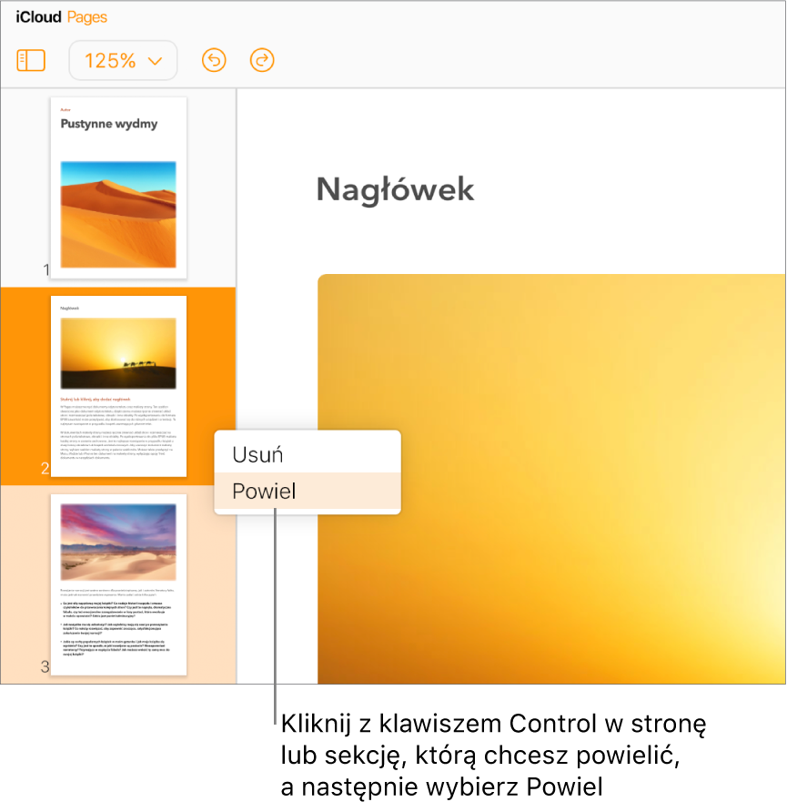 Miniaturki stron wielostronicowego dokumentu edytora tekstu na lewym pasku bocznym z zaznaczoną stroną w kolorze ciemnopomarańczowym i jedną inną stroną w tej samej sekcji w kolorze jasnopomarańczowym. Menu podręczne zawiera opcje umożliwiające usunięcie lub powielenie wybranej sekcji.
