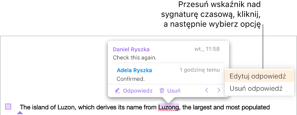 Komentarz z odpowiedzią i wskaźnik na sygnaturze czasowej odpowiedzi. Menu podręczne zawiera dwie opcje: Edytuj odpowiedź i Usuń odpowiedź.