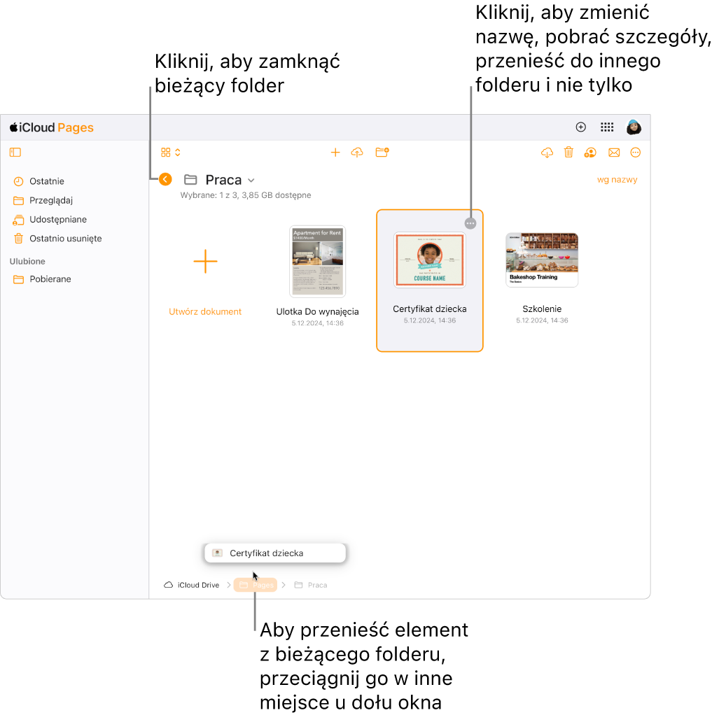 Menedżer dokumentów w widoku przeglądania, z dokumentem przeciąganym do nowej lokalizacji (folderu Pages) na dole okna. Poniżej paska narzędzi, po lewej stronie od nazwy bieżącego folderu (Work), widoczny jest przycisk Wstecz.