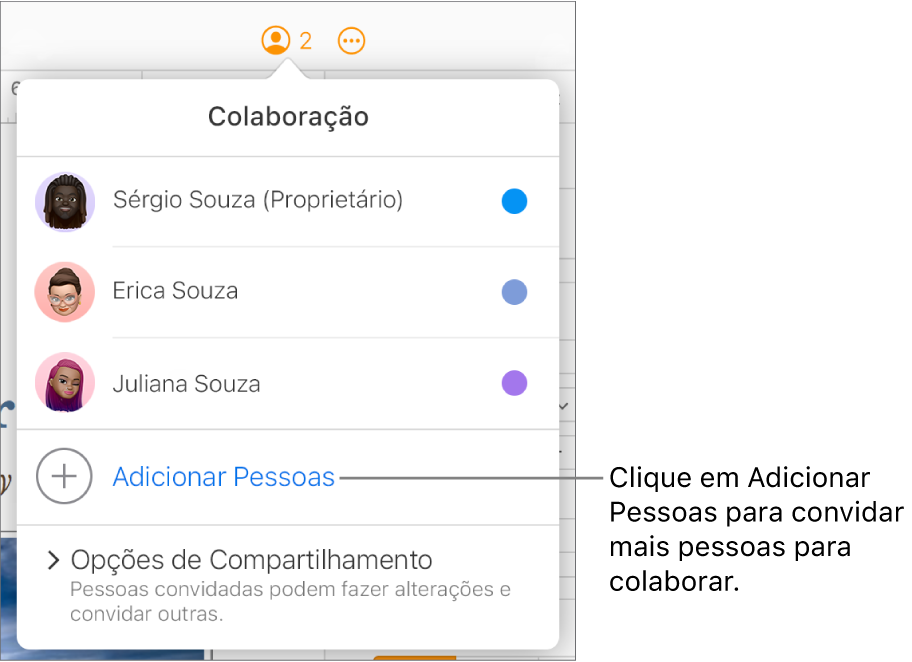 O menu Colaboração aberto, com a opção Adicionar Pessoas abaixo da lista de participantes.