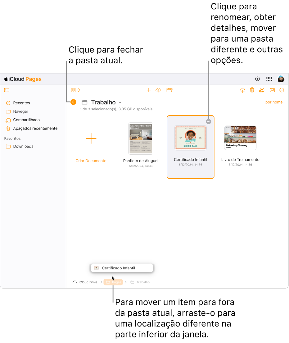 O gerenciador de documentos na visualização Explorar, com um documento sendo arrastado para um novo local (a pasta Pages) na parte inferior da janela. Abaixo da barra de ferramentas, um botão Voltar é exibido à esquerda do nome da pasta atual (Trabalho).