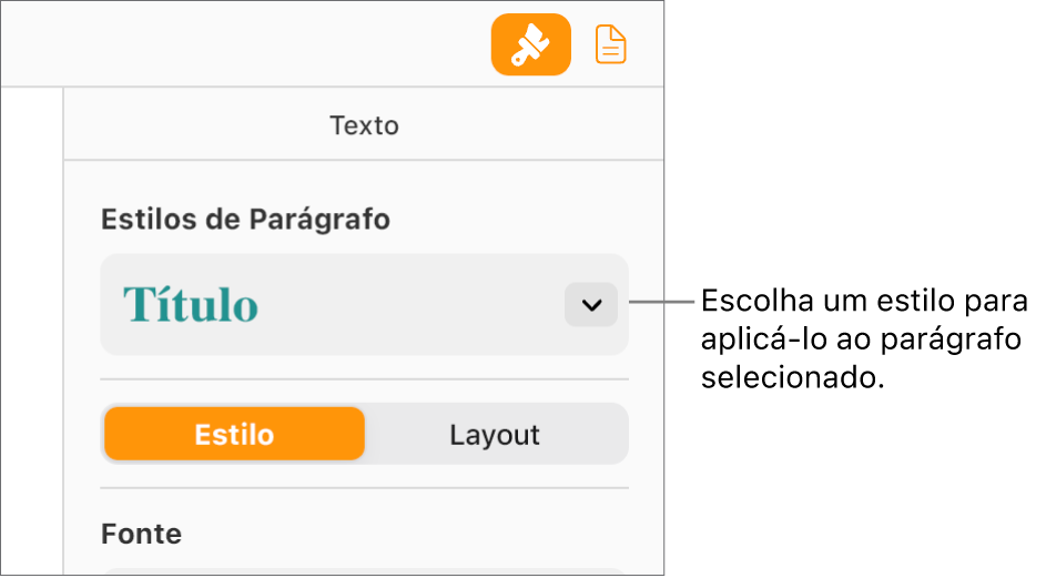 O menu pop-up Estilos de parágrafo na barra lateral Formatar. O estilo de parágrafo Cabeçalho em fonte vermelha e em negrito, é selecionado.
