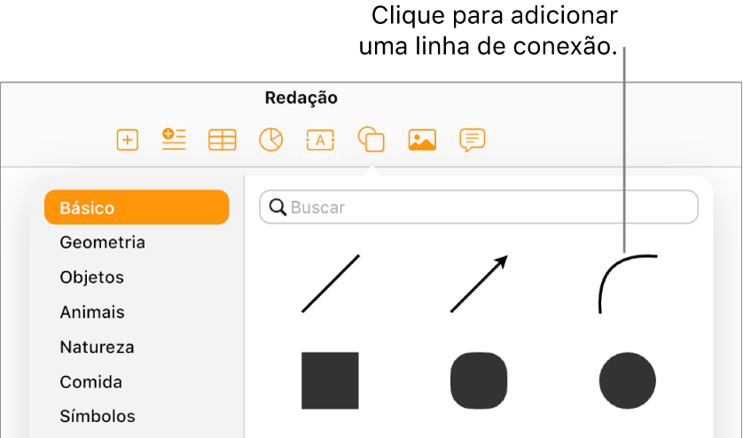 A biblioteca de formas está aberta, com Básico selecionado à esquerda e um número de linhas e formas, incluindo uma linha curva, visível à direita.