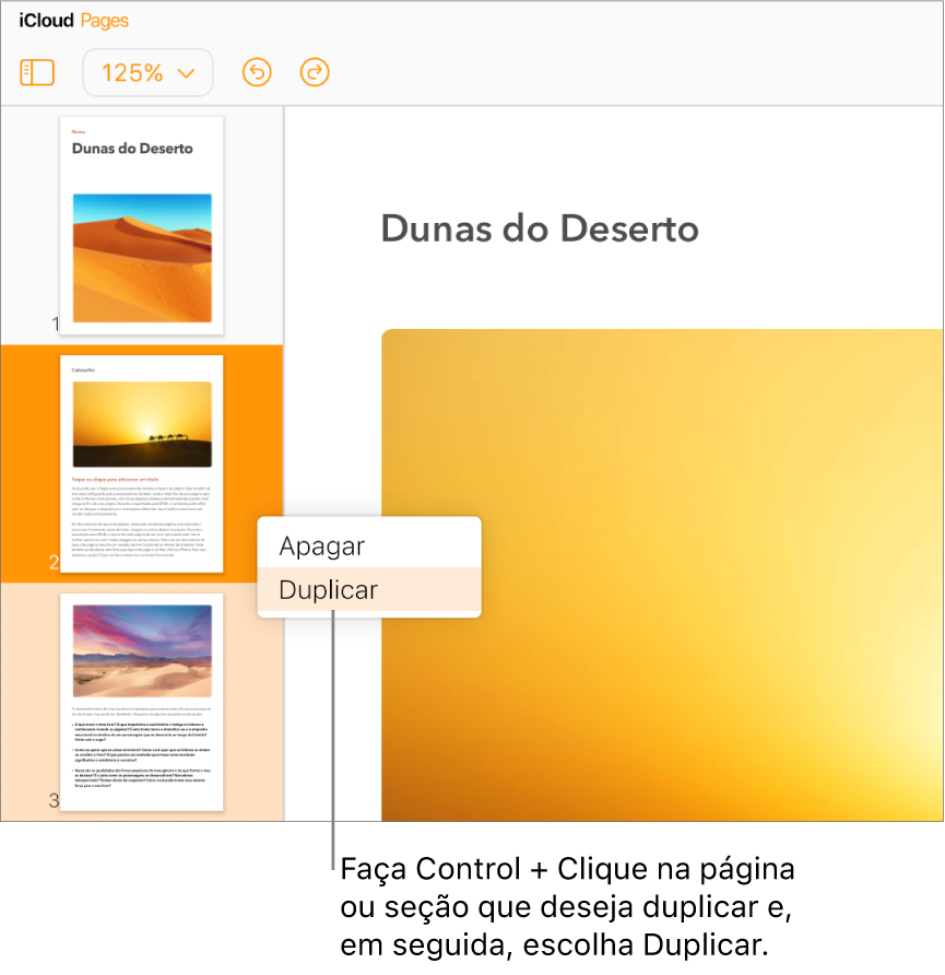 Miniaturas de página para um documento de processamento de texto de várias páginas na barra lateral esquerda, com a página selecionada destacada em laranja escuro e uma outra página na mesma seção destacada em laranja claro. Um menu pop-up tem opções para Apagar ou Duplicar a seção selecionada.
