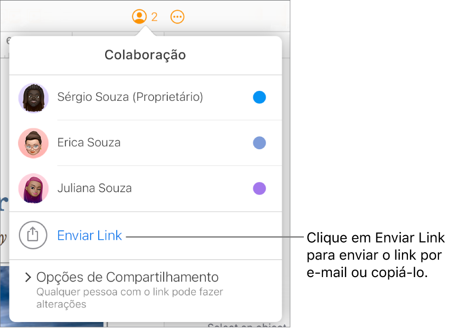 O menu Colaboração aberto, com a opção Enviar Link abaixo da lista de participantes.