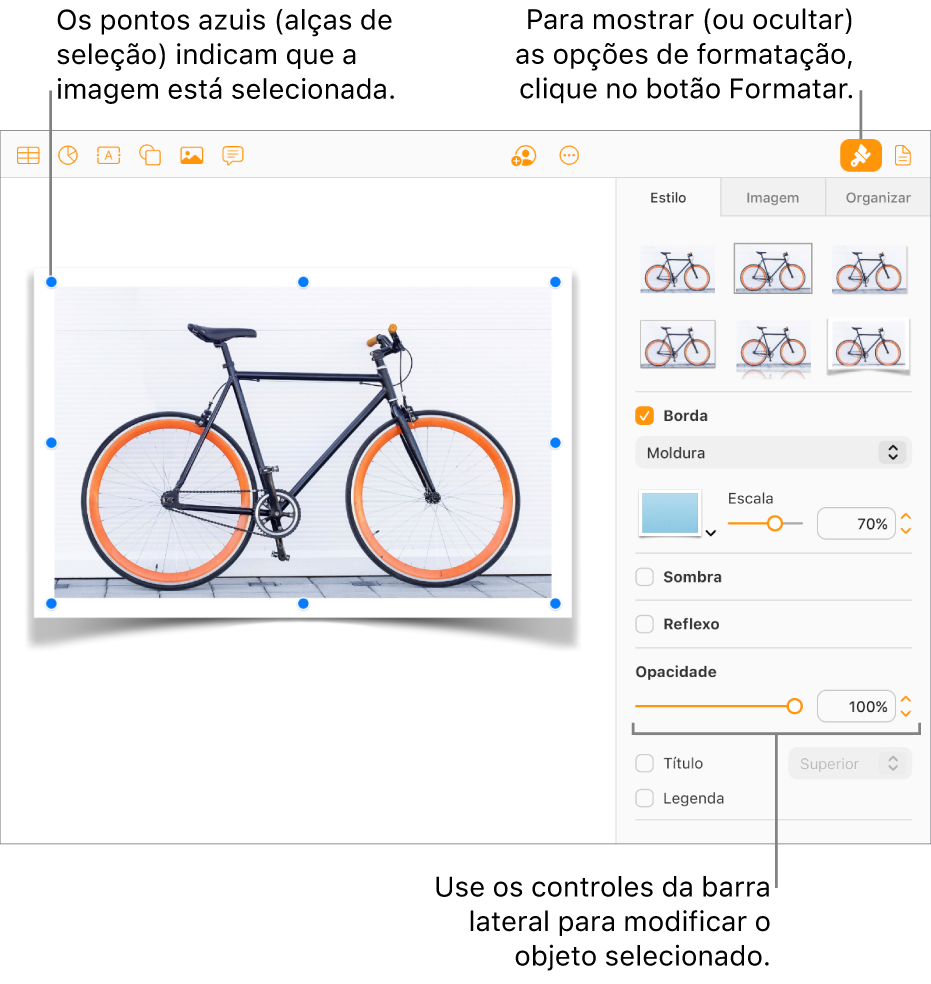Uma imagem em um documento é selecionada e os controles para alterar sua aparência (por exemplo, caixas de seleção de borda e sombra) são exibidos na barra lateral à direita.