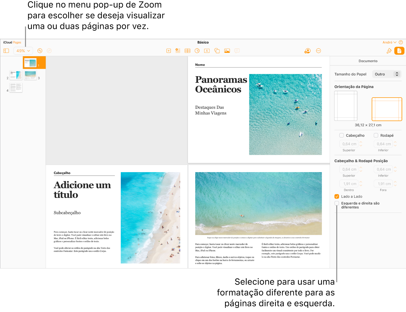 A janela Pages for iCloud com miniaturas de páginas e páginas de documentos visualizadas como spread de duas páginas. Na barra lateral Documento à direita, a caixa “As páginas da esquerda e direita são diferentes” está desmarcada.