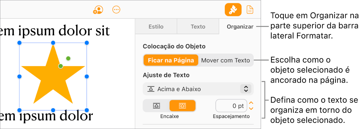 Uma imagem é selecionada no corpo do documento; a aba Organizar da barra lateral Formatar mostra que o objeto está definido como Permanecer na Página com quebra de texto acima e abaixo do objeto.