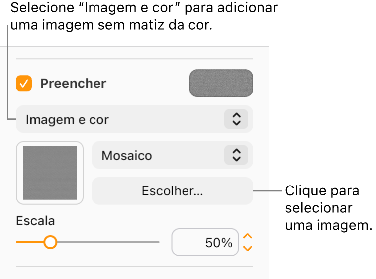A opção "Preencher” está assinalada na barra lateral e a opção "Preenchimento com imagem” está selecionada no menu pop-up sob a opção assinalável. Os controlos para selecionar a imagem, a forma como preenche o objeto e a escala da imagem, são apresentados sob o menu pop-up. Uma pré-visualização do preenchimento com imagem aparece no quadrado (após uma imagem ser escolhida).