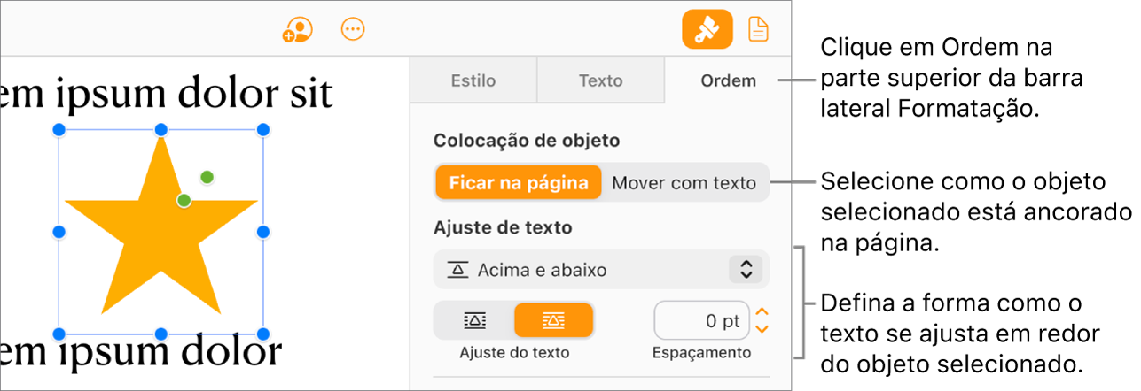 Uma imagem está selecionada no corpo do documento; o separador "Ordem” da barra lateral “Formatação” apresenta o objeto definido como “Ficar na página” com o texto moldado por cima e por baixo do objeto.