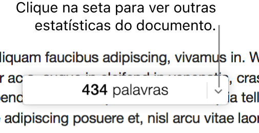 O menu pop-up de estatísticas do documento a apresentar a contagem de palavras.