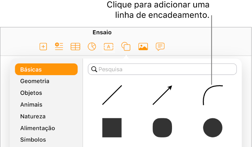 A biblioteca de formas está aberta, com Básico selecionado à esquerda e um conjunto de linhas e formas, incluindo uma linha curva, visível à direita.
