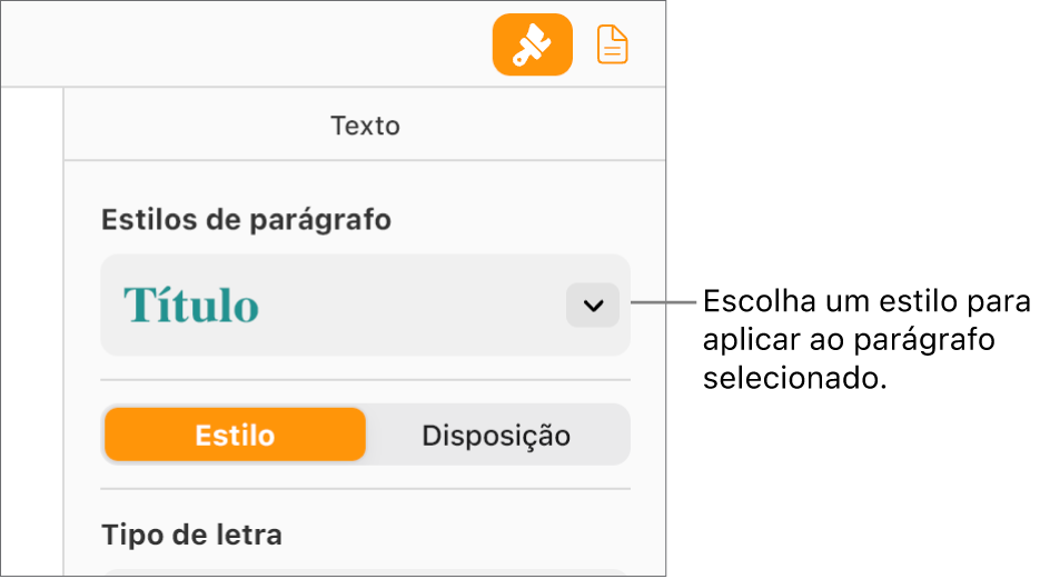 O menu pop-up “Estilos de parágrafo” na barra lateral "Formatação”. O estilo de parágrafo "Cabeçalho” com tipo de letra negrito, a vermelho, está selecionado.