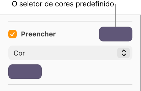 A opção "Preencher” está assinalada e a paleta de cores predefinida, à direita da opção assinalável, está preenchida a roxo. Sob a opção assinalável, a opção "Preenchimento de cor” está selecionada no menu pop-up.