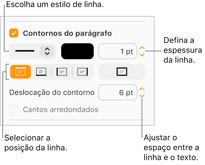 A opção “Bordas do parágrafo” está assinalada no separador "Disposição” na barra lateral "Formatação” e os controlos para alterar o estilo, cor, espessura, posição e deslocação da linha em relação ao texto são apresentados por baixo da opção assinalável.