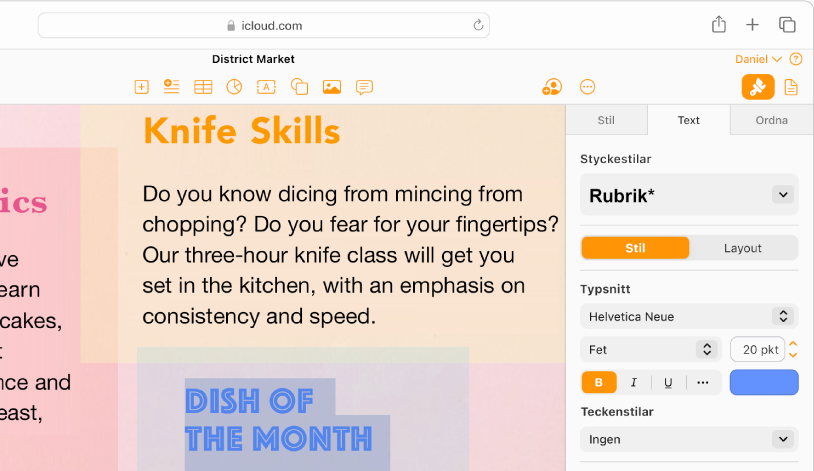 Ett dokument som har text markerad. Alternativ för att ändra den markerade textens teckensnitt, färg, storlek med mera visas i sidofältet Format till höger.