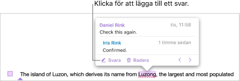 En kommentar med ett svar. En svarslänk visas i det nedre vänstra hörnet.
