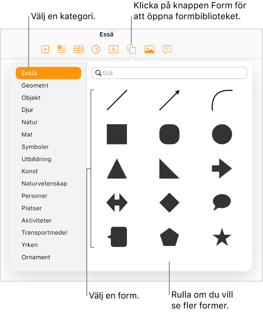Formbiblioteket är öppet under knappen Form i verktygsfältet. Kategorin Enkla har valts till vänster, och en del vanliga former (som cirklar, fyrkanter och linjer) visas till höger.