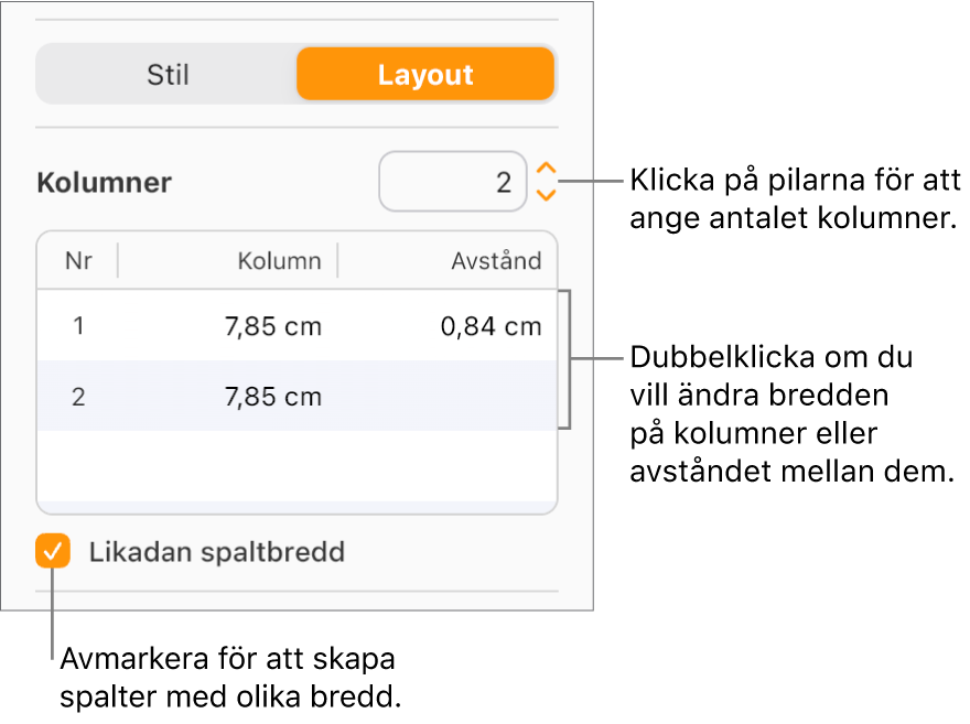 Textkolumnsreglage i Layout-delen av sidofältet Format.