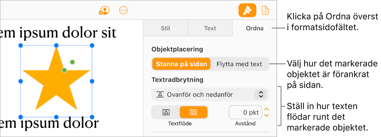 En bild väljs i dokumentets brödtext. Fliken Ordna i sidofältet Format visar att objektet är inställt på Stanna på sidan med textbrytning ovanför och under objektet.